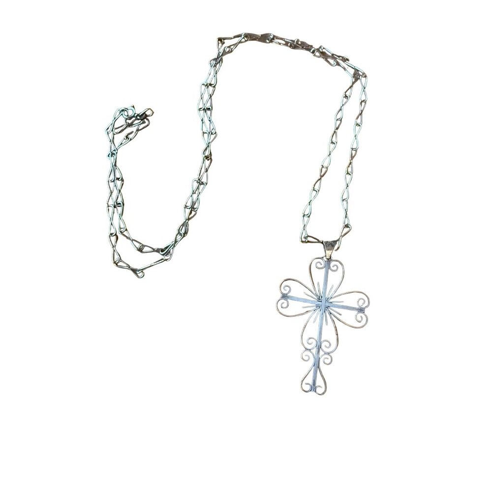 Sterling Silver Filagree Cross Pendant Necklace Mexico